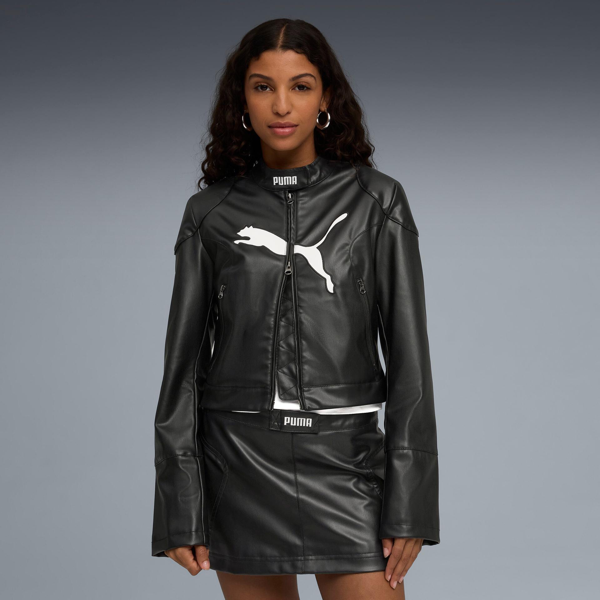 future.puma.archive women's pleather racer jacket in black, size xs