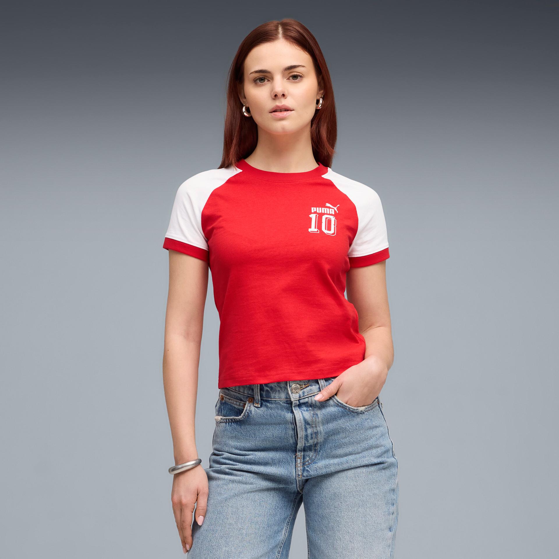 future.puma.archive women's slim ringer t-shirt in red, size m