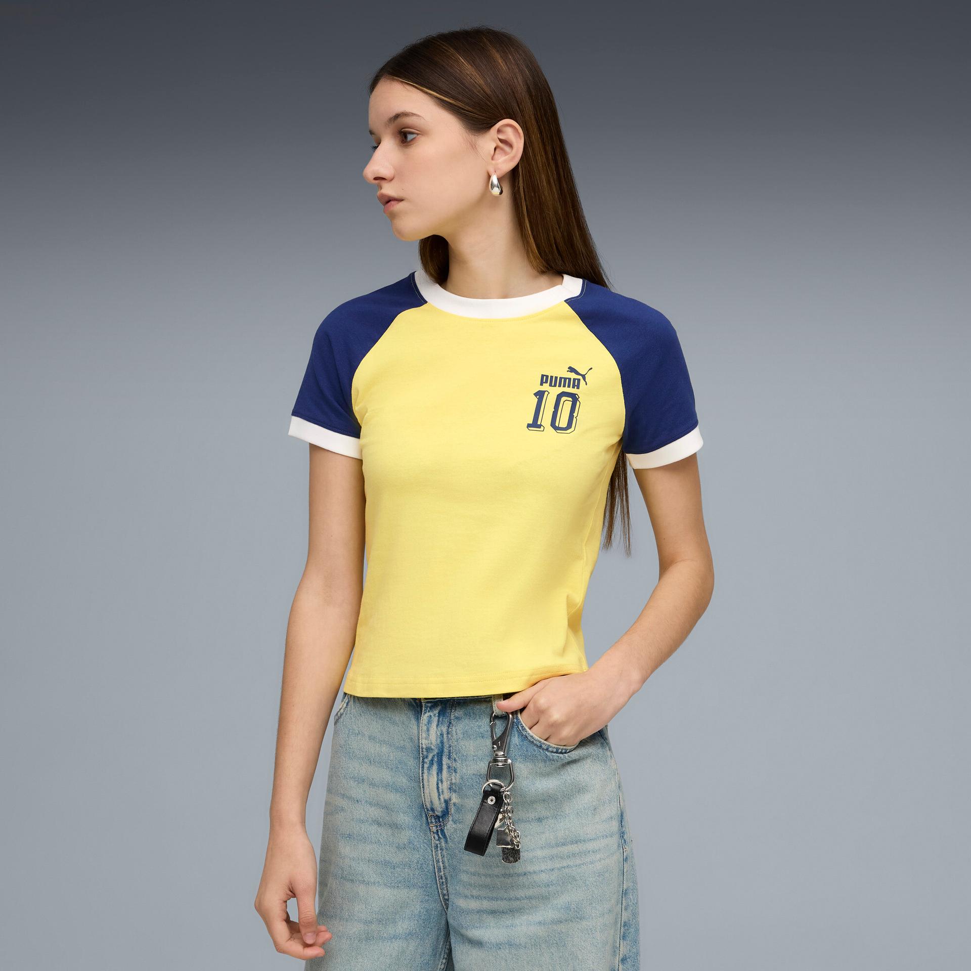 future.puma.archive women's slim ringer t-shirt in yellow, size l