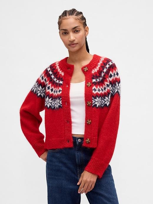 fuzzy fair isle cardigan sweater