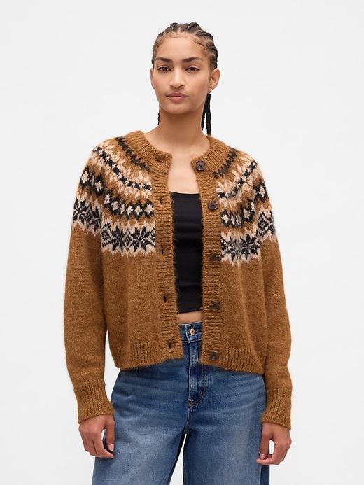 fuzzy fair isle cardigan sweater