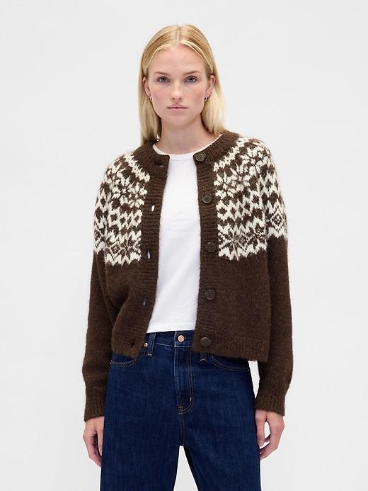 fuzzy fair isle cardigan sweater