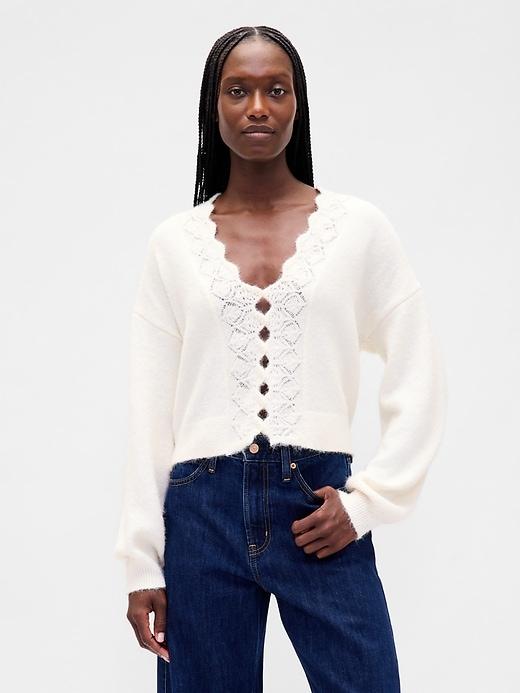 fuzzy pointelle scalloped crop cardigan