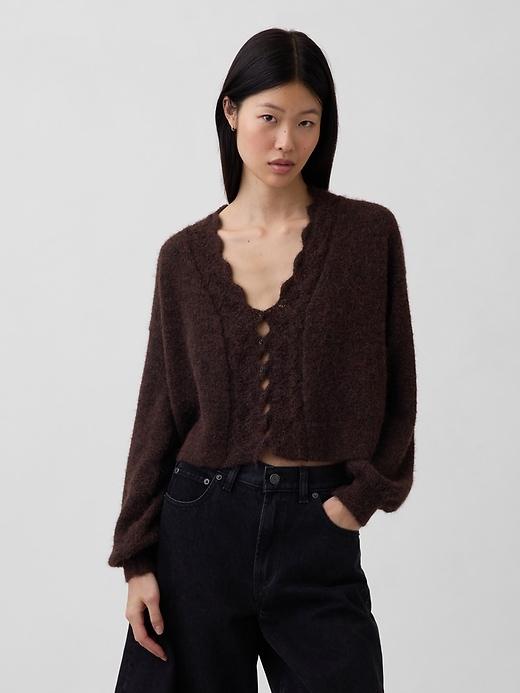 fuzzy pointelle scalloped crop cardigan
