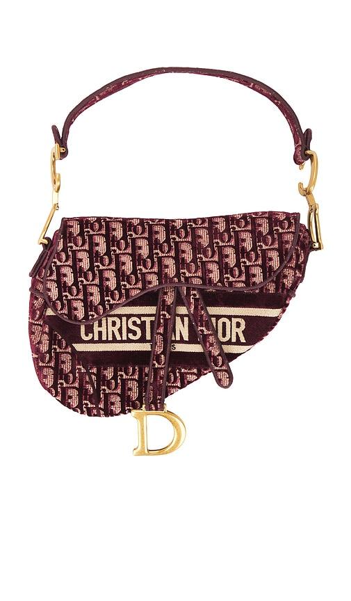 fwrd renew dior oblique embroidered velvet saddle bag in red.