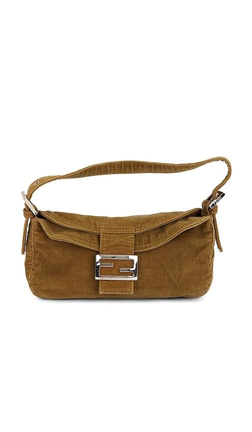 fwrd renew fendi corduroy baguette shoulder bag in tan.