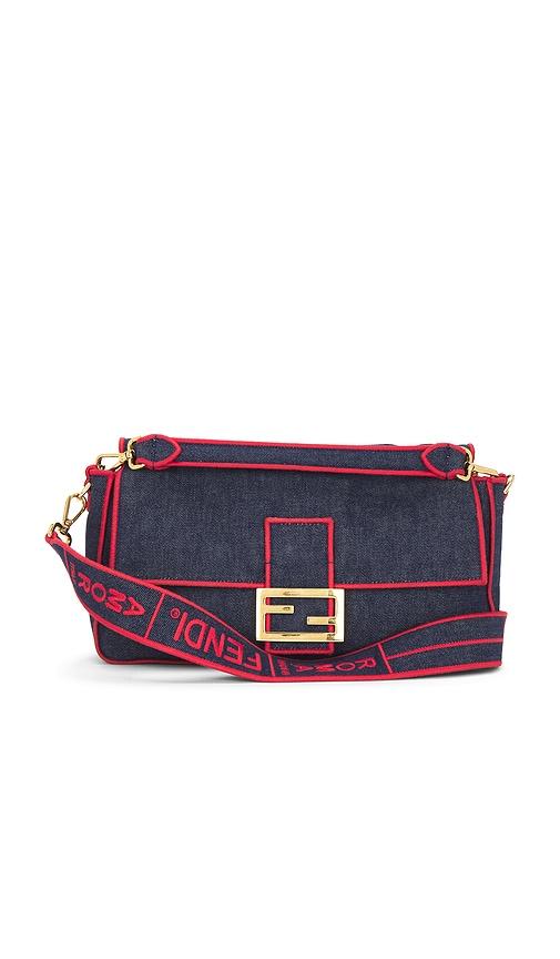 fwrd renew fendi denim baguette nm shoulder bag in blue.