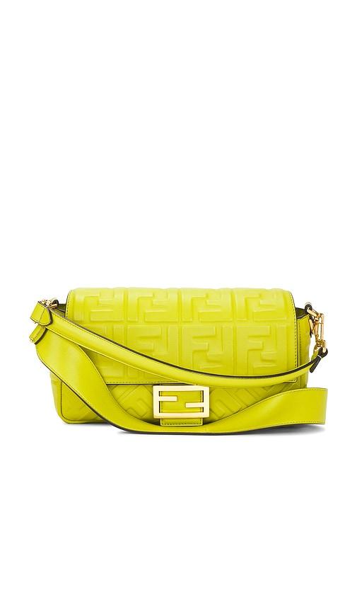 fwrd renew fendi embossed ff baguette shoulder bag in green.