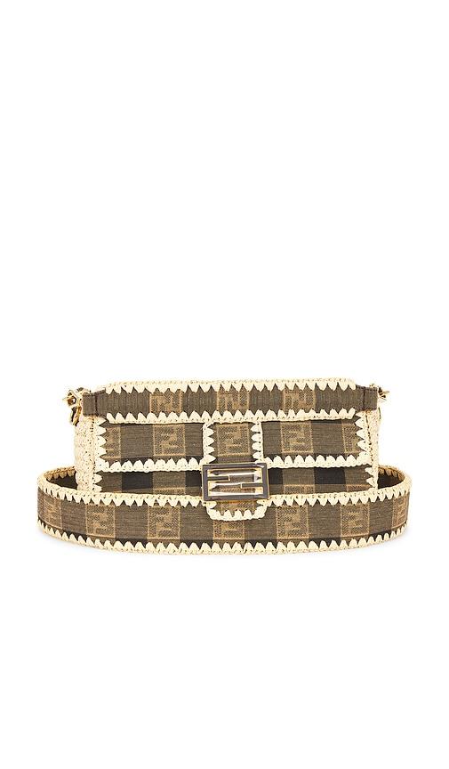 fwrd renew fendi pequin baguette shoulder bag in beige.