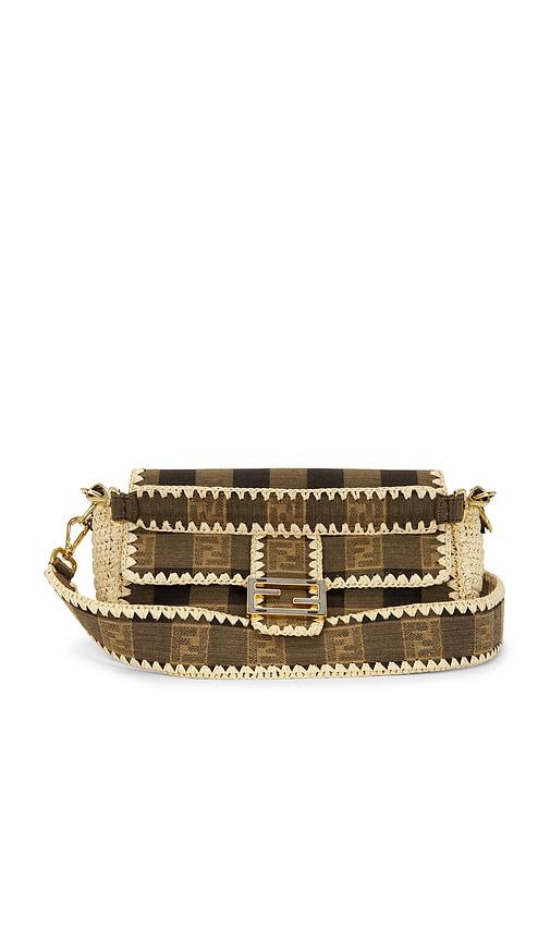 fwrd renew fendi pequin baguette shoulder bag in brown.
