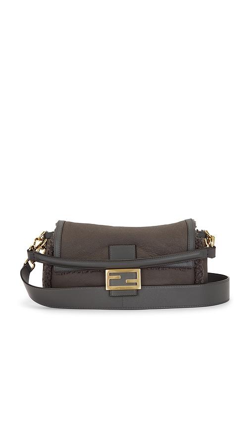 fwrd renew fendi shearling baguette shoulder bag in grey.