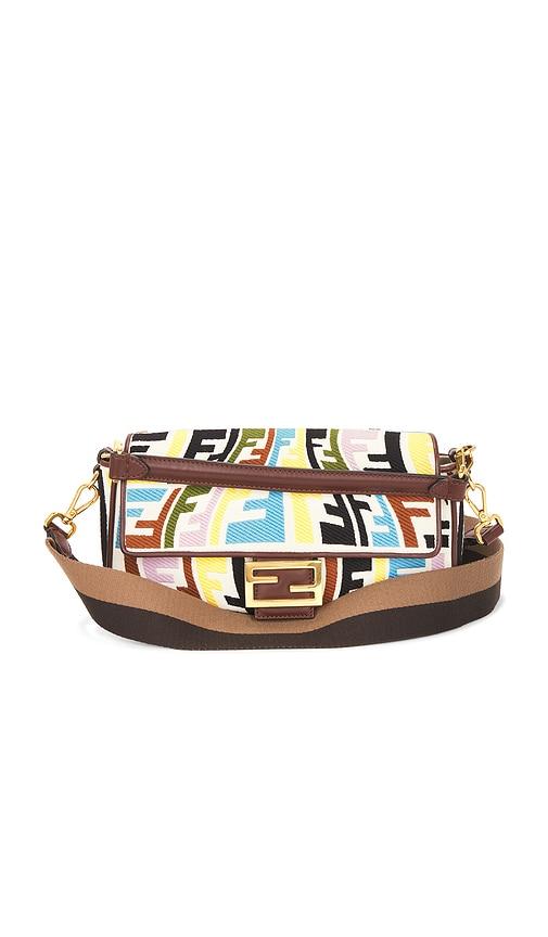 fwrd renew fendi x sarah coleman ff fish eye embroidered baguette nm shoulder bag in brown,yellow.