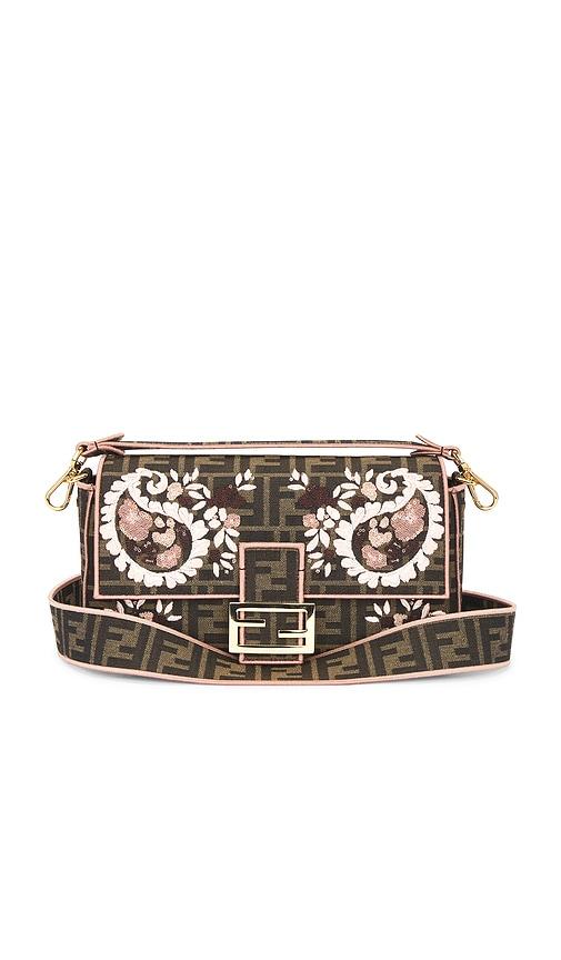 fwrd renew fendi zucca embroidered baguette shoulder bag in brown.