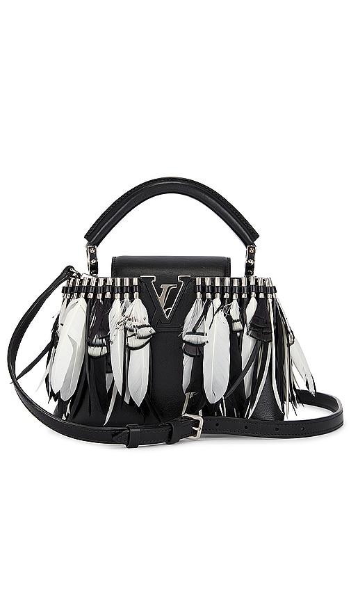 fwrd renew louis vuitton feather capucines bb handbag in black.