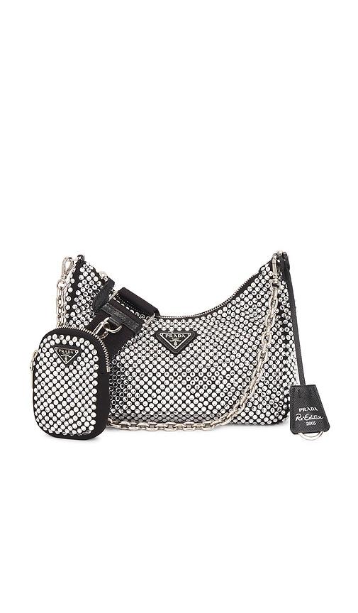 fwrd renew prada crystal satin re-edition 2005 shoulder bag in metallic silver.