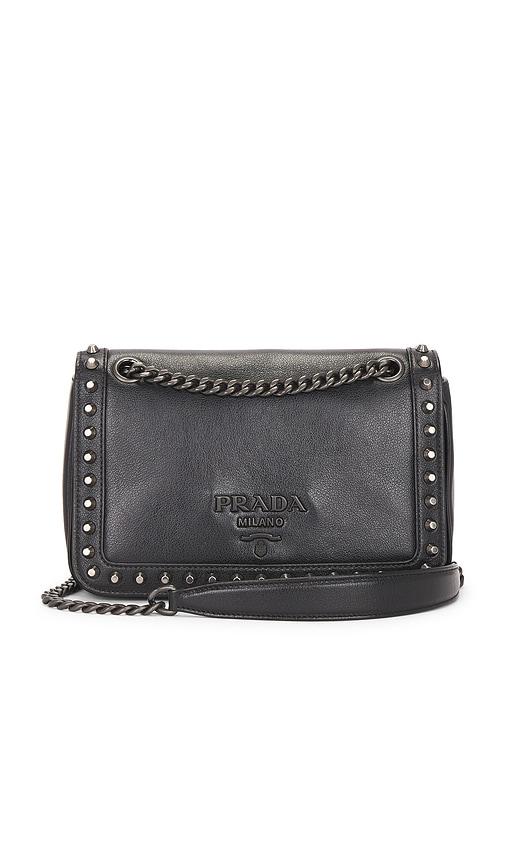 fwrd renew prada glace calfskin studded crossbody bag in black.