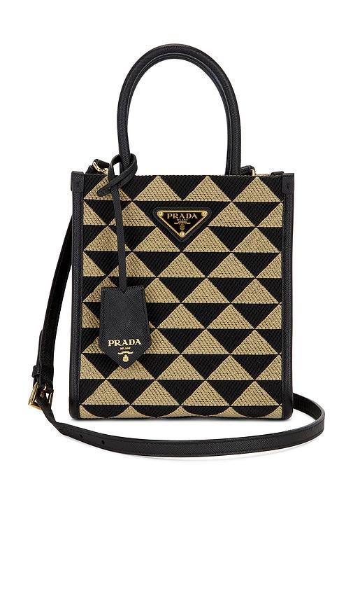 fwrd renew prada symbole mini tote bag in black,tan.