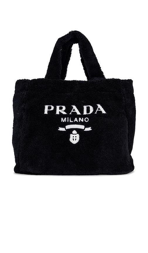 fwrd renew prada terry tote bag in black.