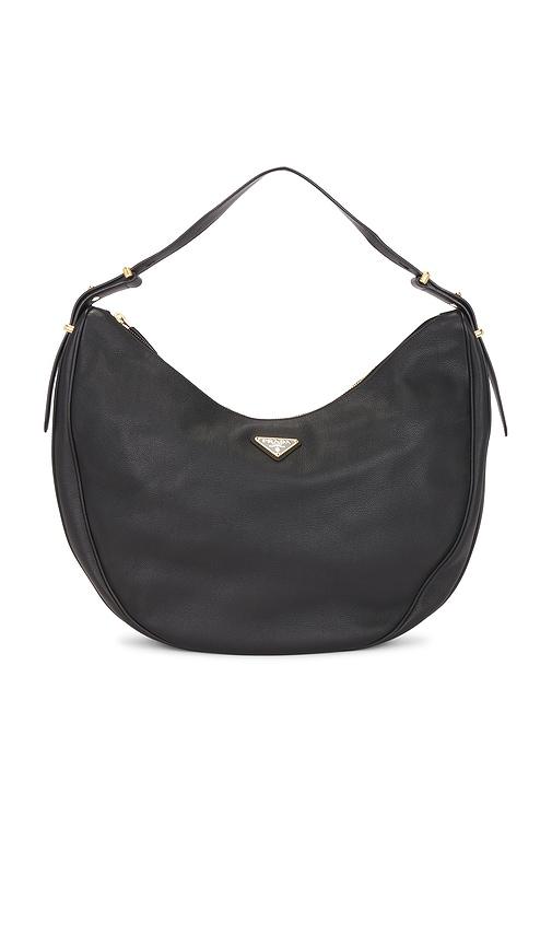 fwrd renew prada tessuto hobo bag black in black.