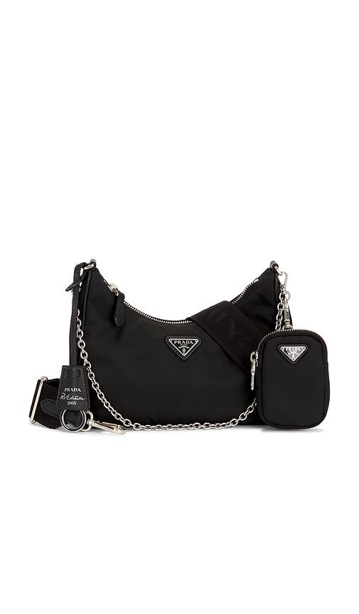 fwrd renew prada tessuto shoulder bag in black.