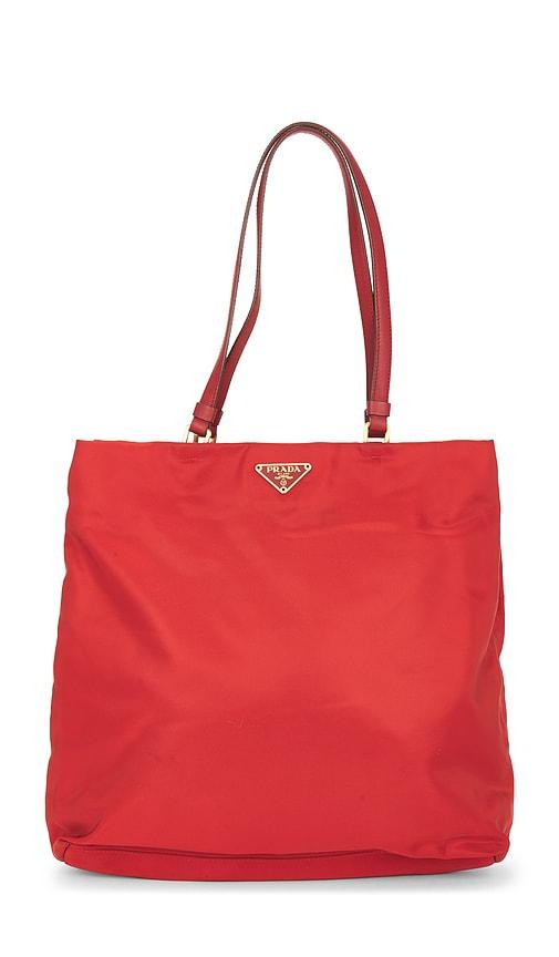 fwrd renew prada tessuto tote bag in red.
