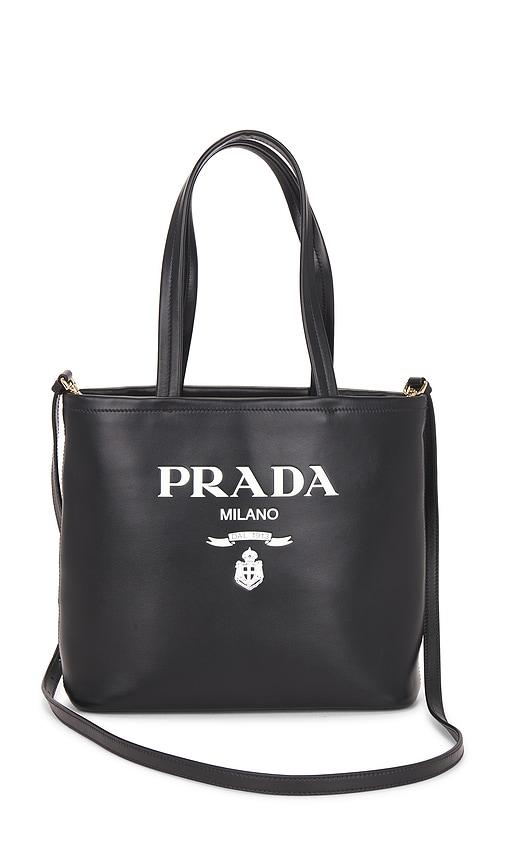fwrd renew prada vitello logo tote bag in black.