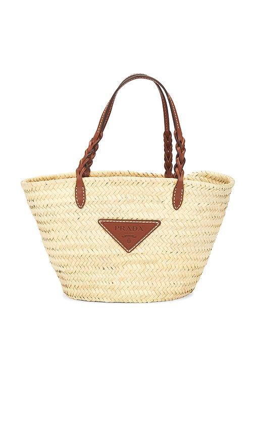 fwrd renew prada vitello woven raffia basket tote bag in neutral.