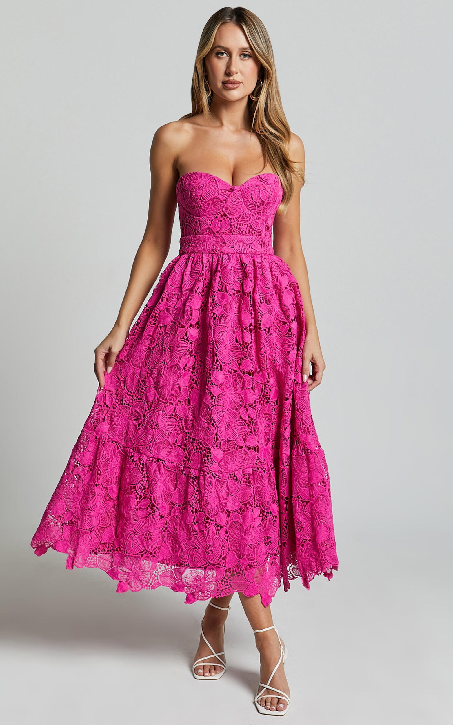 gabriela midi dress - strapless lace dress in magenta