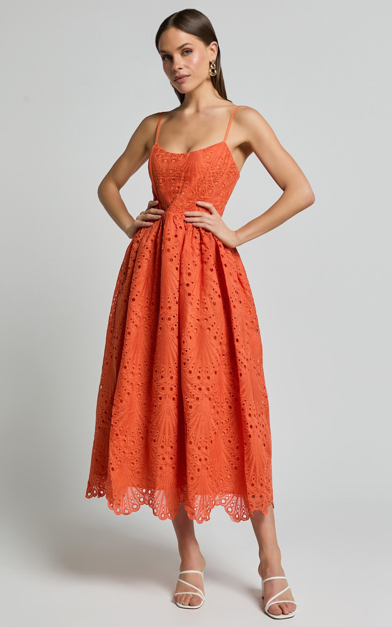 gabriella midi dress - strappy gathered skirt embroidered dress in orange