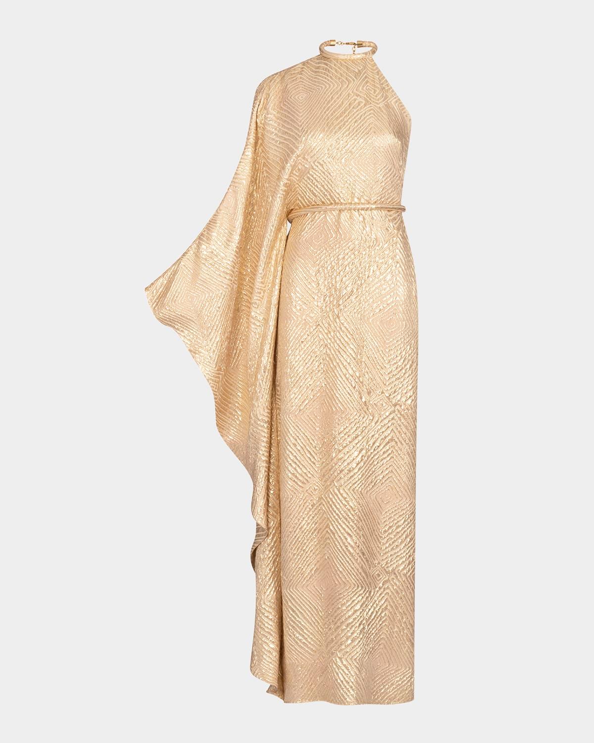gael tubular belt textured-jacquard one-shoulder gown