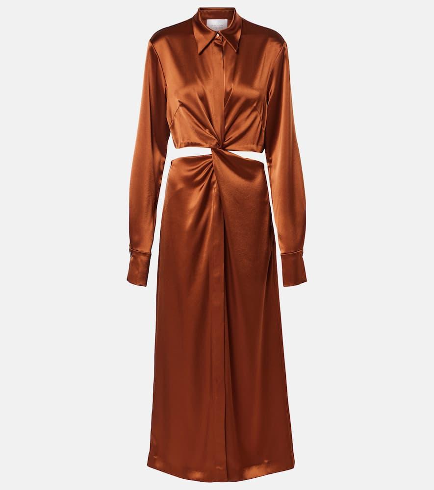 galvan hock gathered satin midi dress