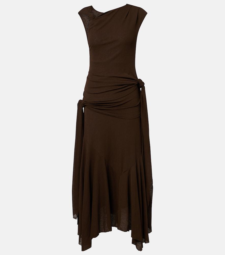 ganni asymmetric draped mesh midi dress
