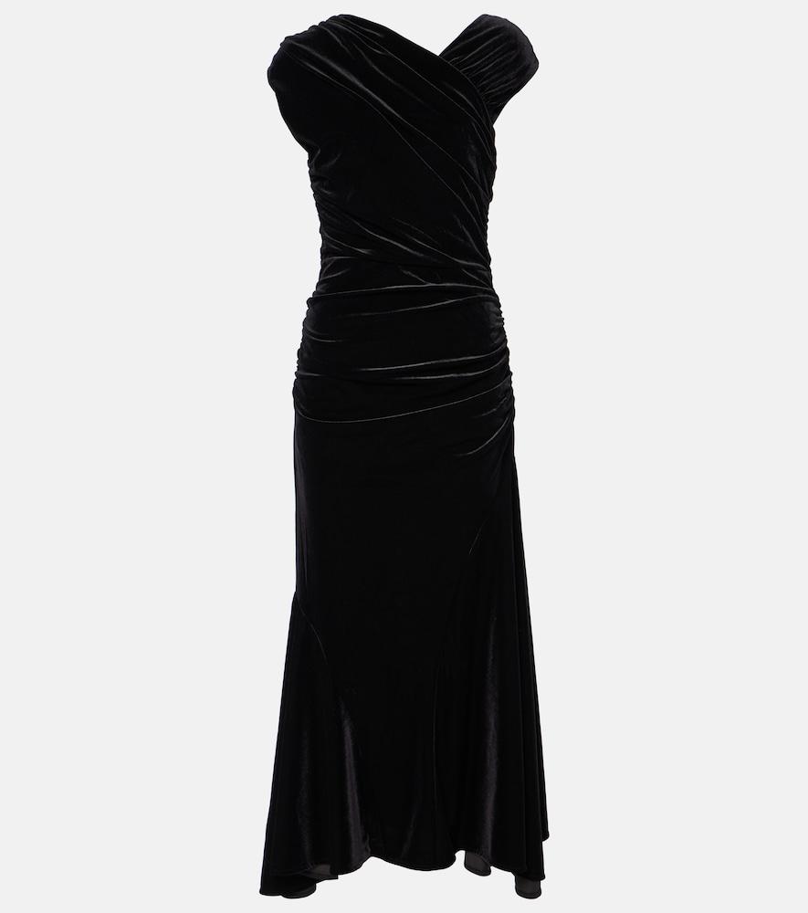 ganni asymmetric ruched velvet midi dress
