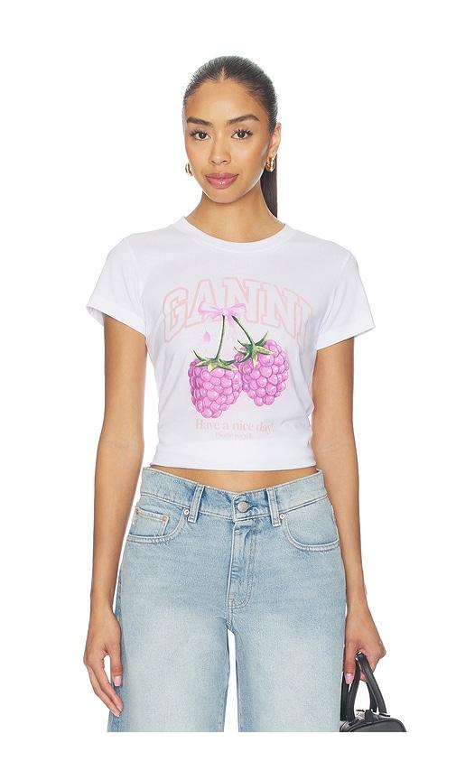 ganni baby fit raspberry t-shirt in white.