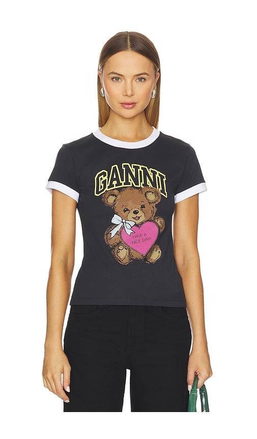 ganni basic cotton jersey bear fitted t-shirt in charcoal.