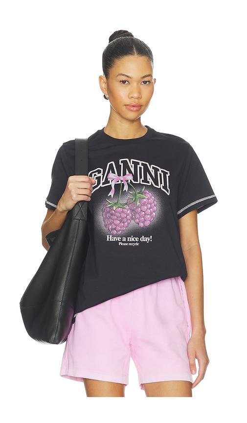 ganni basic cotton jersey raspberry print t-shirt in grey.