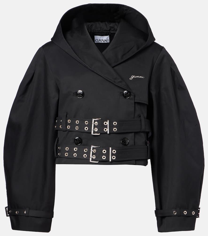 ganni belted cropped cotton jacket