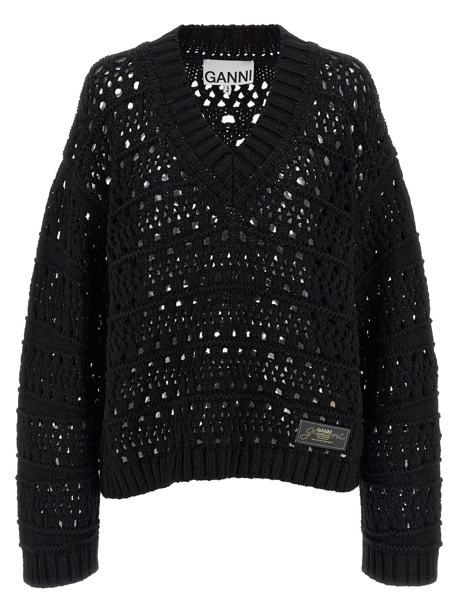 ganni black crochet v-neck sweater