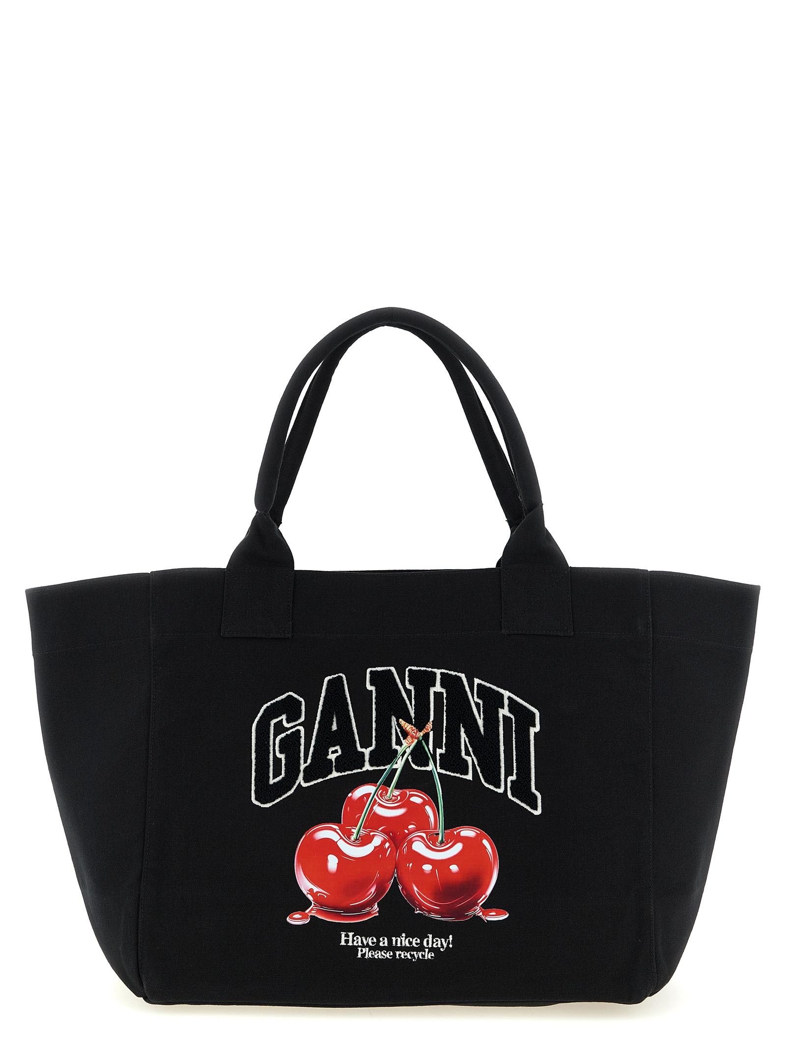 ganni black medium cherry tote shopping bag recycled cotton - women