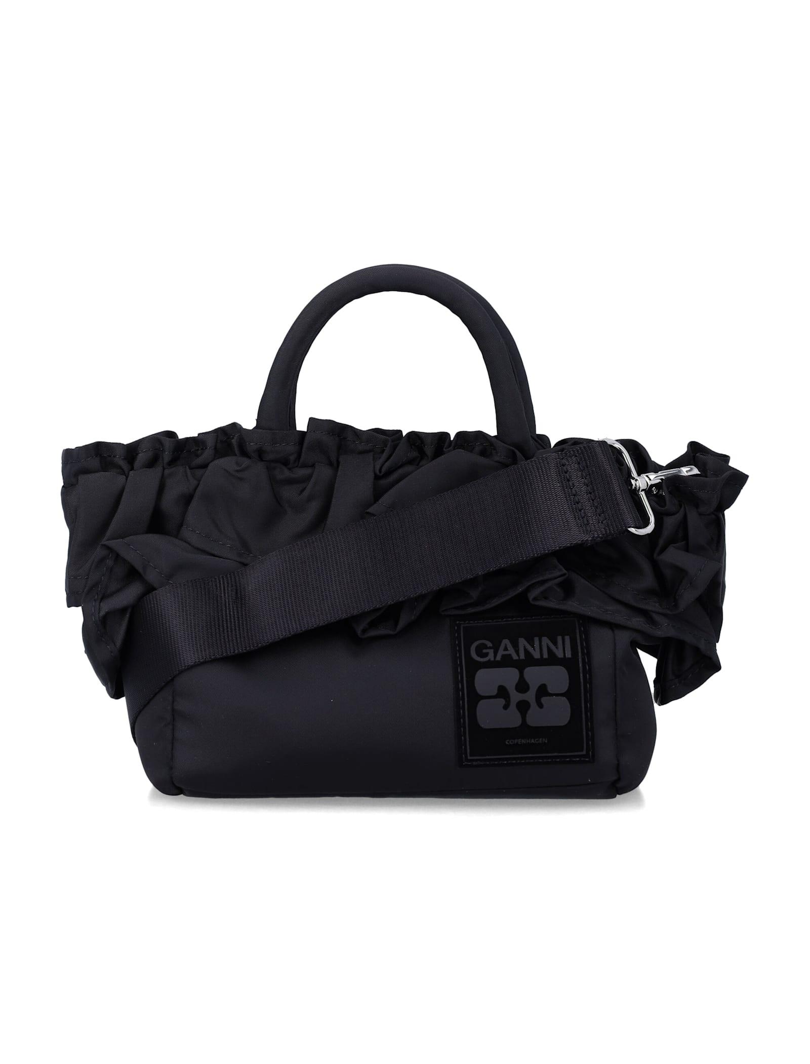 ganni black nylon ruffled top handle bag