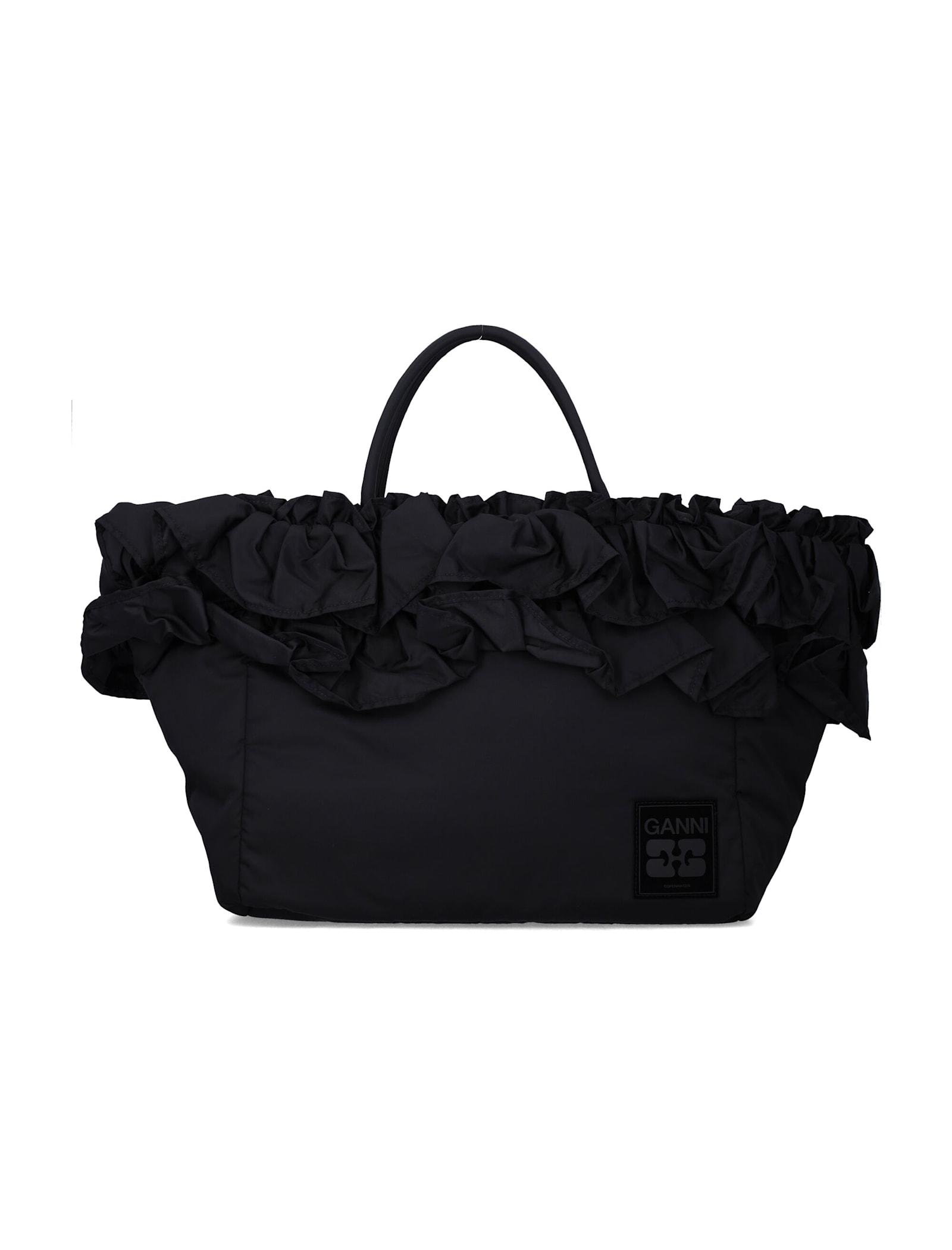 ganni black nylon ruffled xxl shopper bag