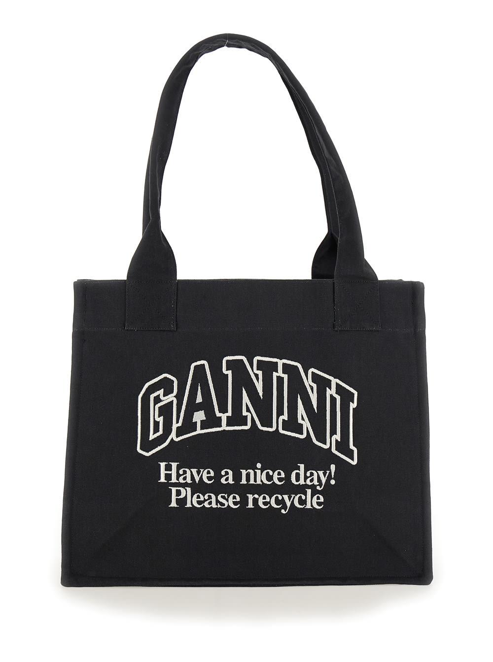 ganni black shopper with embroidered logo on the front in denim woman