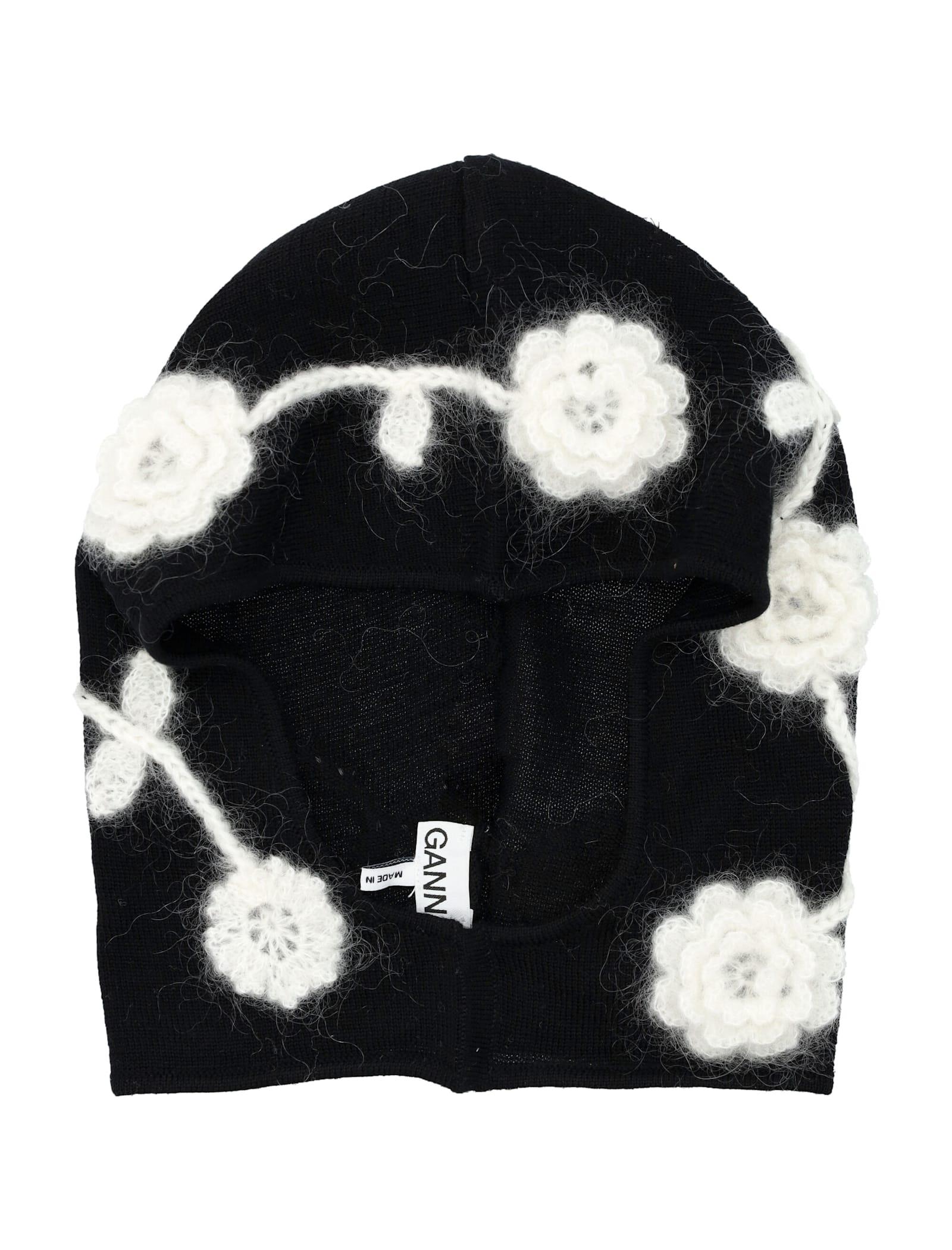 ganni black wool balaclava with floral crochet detailing