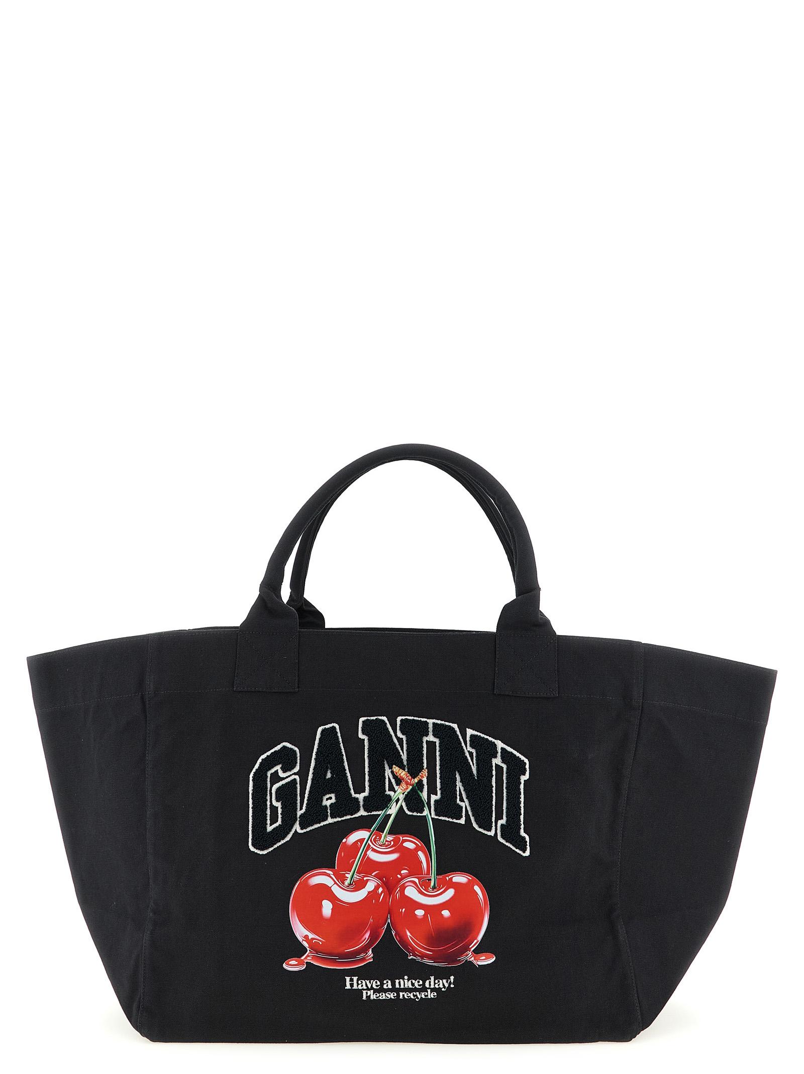 ganni black xxl cherry tote shopping bag recycled cotton - women