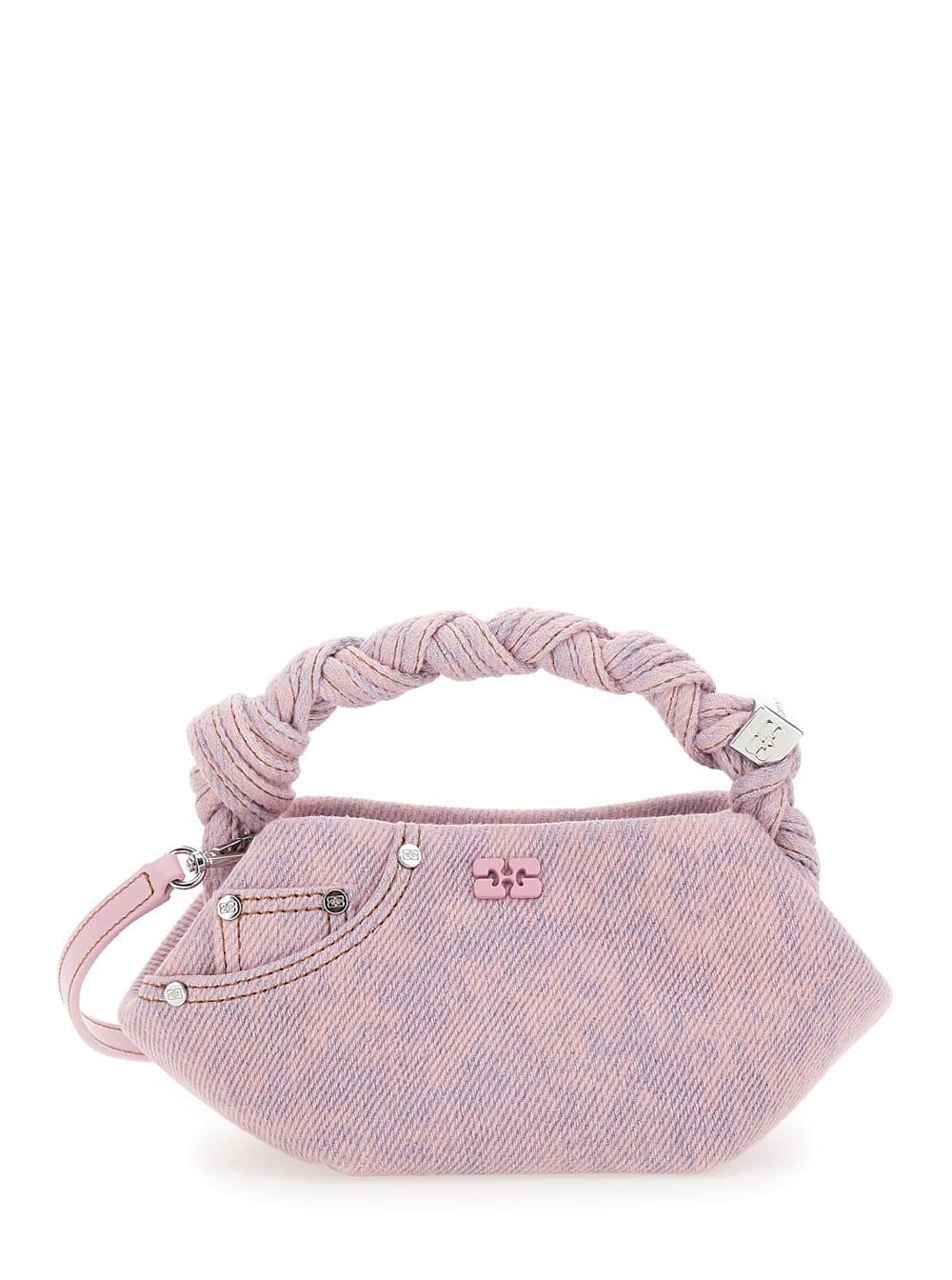 ganni bou mini pink handbag with intreccio handle and adjustable and removable strap in denim women