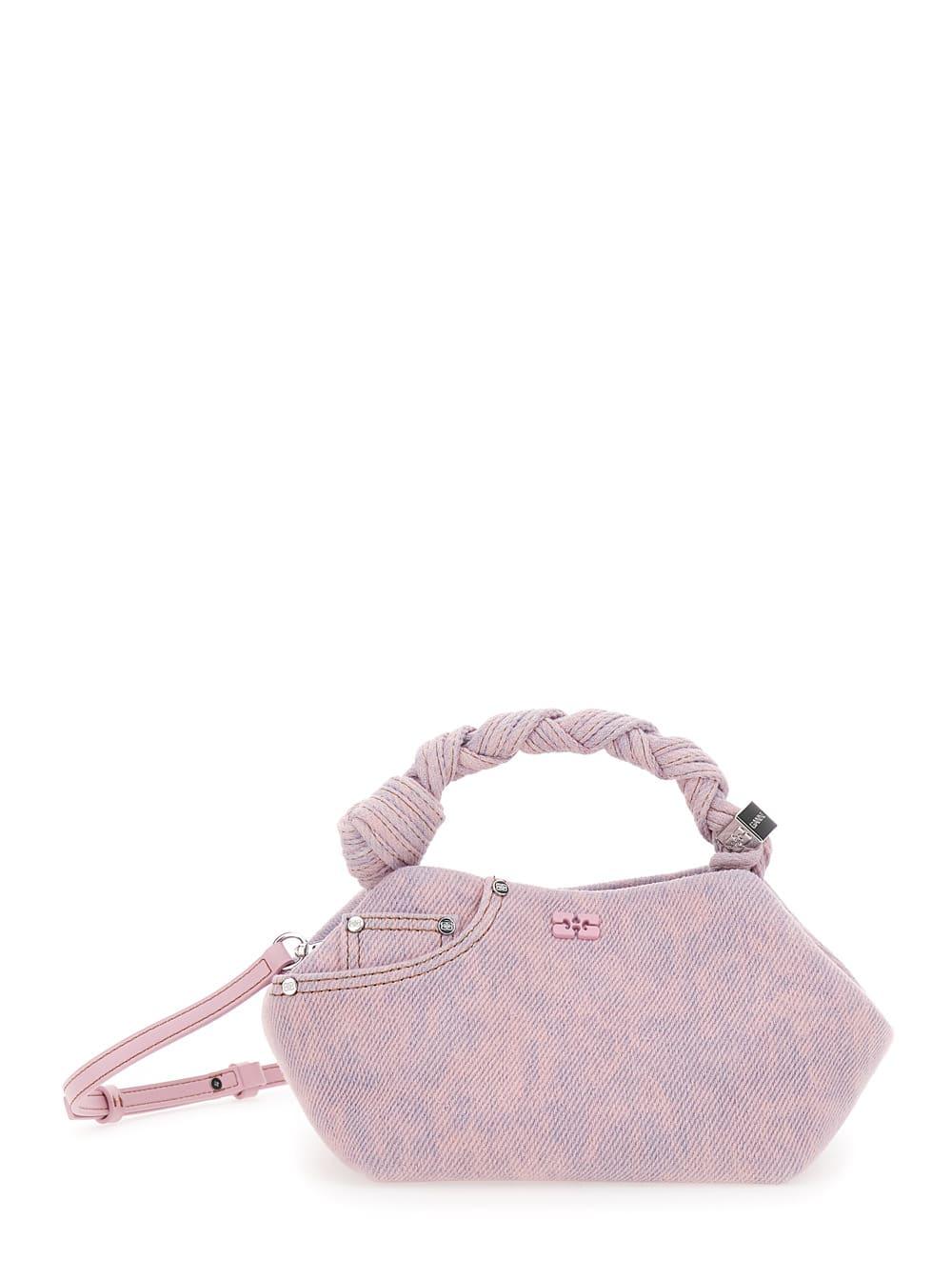 ganni bou mini pink handbag with woven handle and adjustable removable strap in denim woman