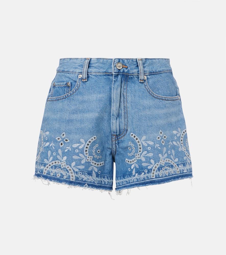 ganni broderie anglaise denim shorts