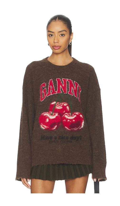 ganni brushed alpaca graphic oversized sweater in brown.