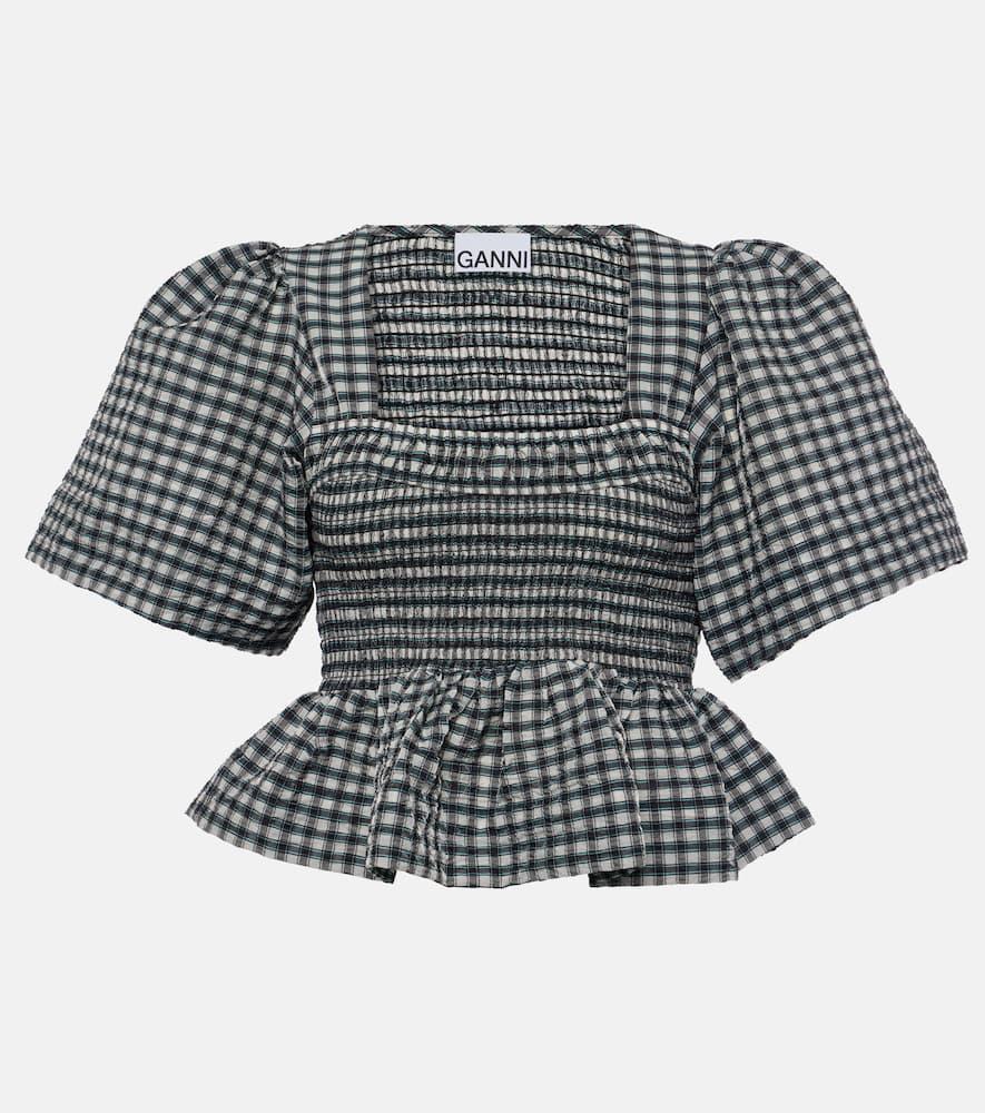 ganni checked seersucker peplum top