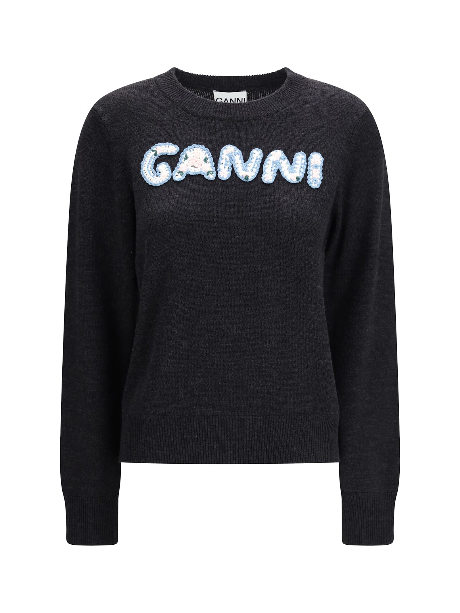 ganni crochet appliqué merino sweater